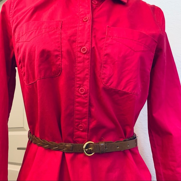 Fuchsia Long Sleeve Collard Shift Dress with Belt - Picture 5 of 8